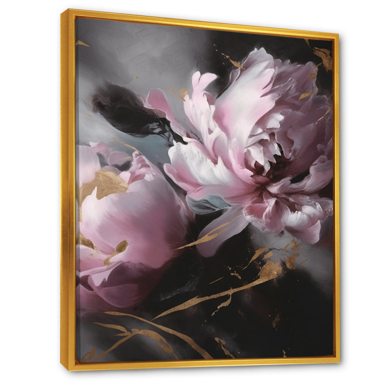 Harmonieux rose gris pivoine I - impressions d'art pivoines florales, L 24 po x H 32 po, Cadre flottant doré