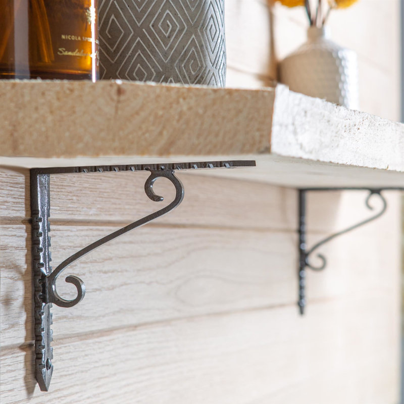 Hammer & Tongs - Notched Scroll Iron Shelf Bracket, Black, 15cm H x 2cm W x 15cm D