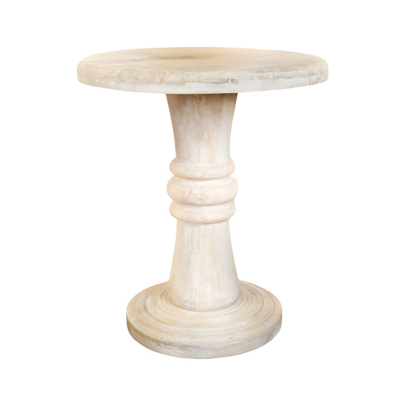 28" White Distressed Solid Wood Round End Table, Beige