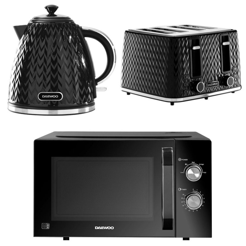 Daewoo Argyle Black Matching Kettle, 4-Slice Toaster & 23L Microwave Set