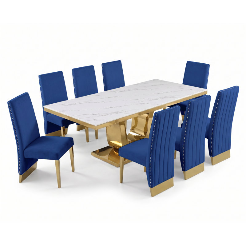 Ensemble de salle à manger en marbre blanc avec chaises d'appoint en velours, Navy