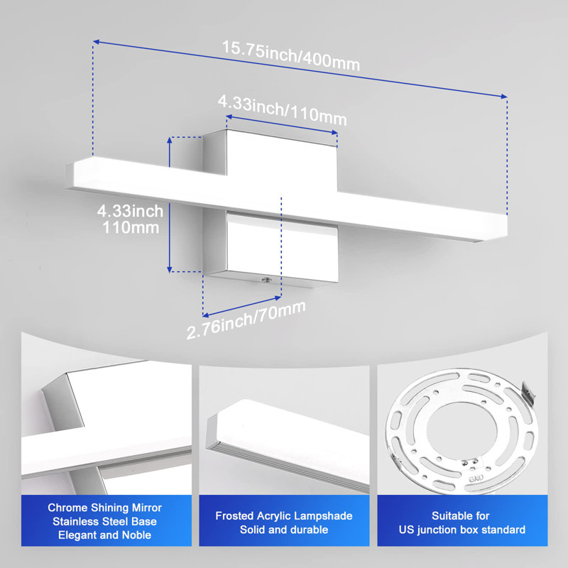 Luminaire de salle de bain moderne au-dessus d'un miroir Barre d'éclairage en chrome IP44 9W de 16 pouces pour luminaires muraux de salle de bain blanc froid 6000K