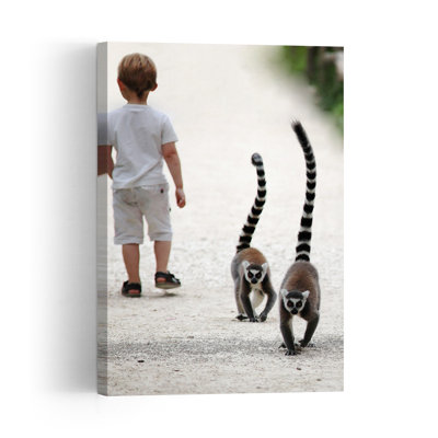 Child And Ring-Tailed Lemurs Playful Abstract Contemporary Animal Nature Wall Art Print by Anna Cseresnjes - Print
