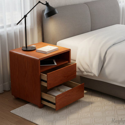 Solid Wood Nightstand with Charging Station and 2 Drawers