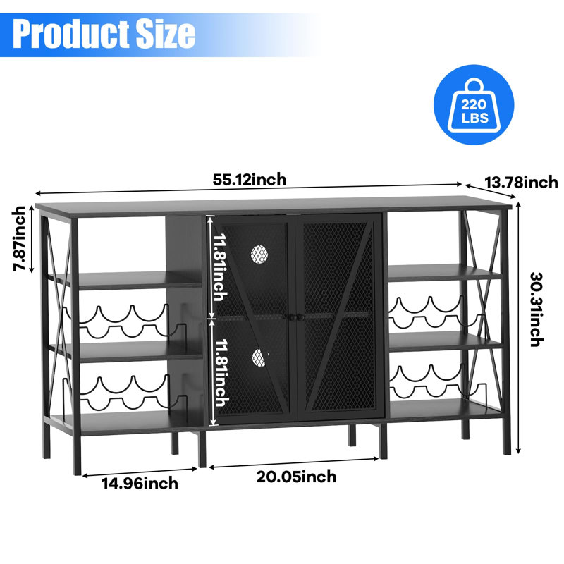 Buffet industriel 55,1 "avec lumières DEL et porte-verre Buffet Table, Noir