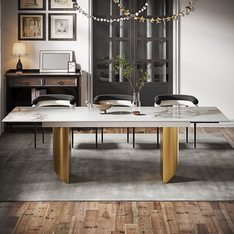 Subrati Extendable Rectangular Sintered Stone Dining Table Up to 94.48"  For 8-10, Chanel, Gold
