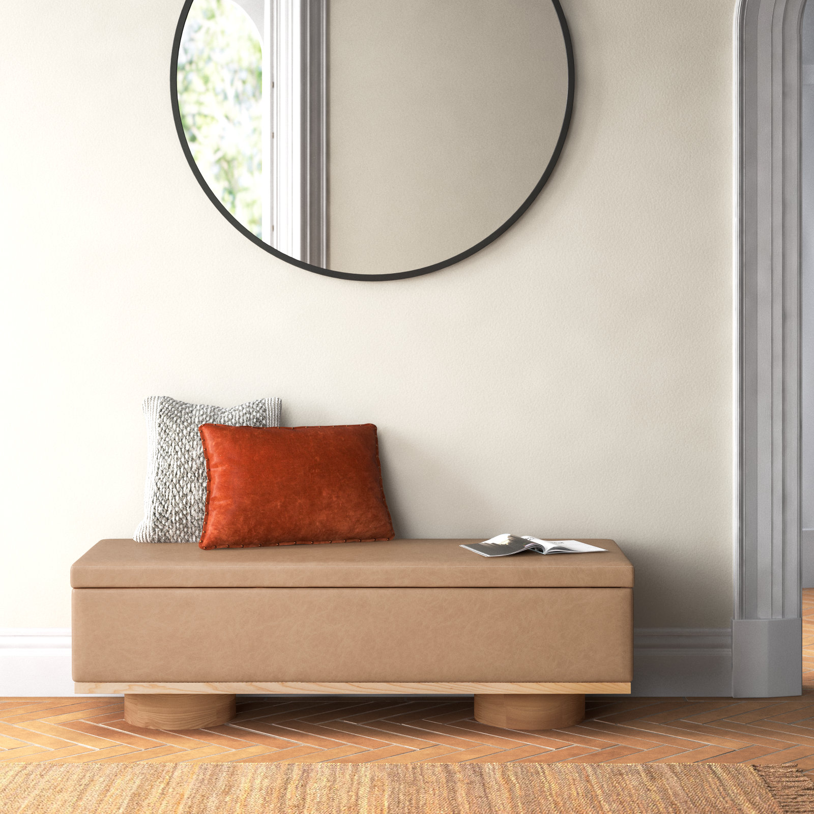 Morje 61" Linen Entryway Bench, Camel Vegan Leather, Natural
