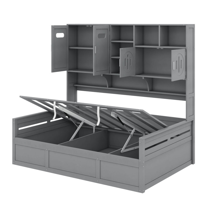 Lit de jour avec hydraulique, armoire et tablette, Gris, Complet/Double
