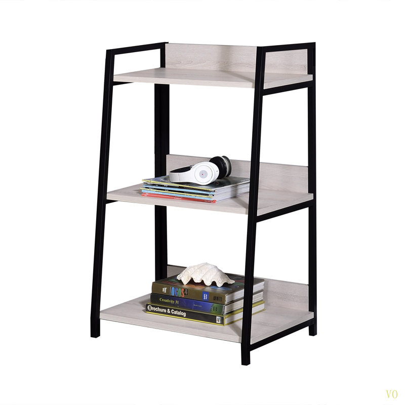 Bibliothèque rectangulaire inclinée: 3 tablettes fixes en bois, rangement ouvert, structure en métal