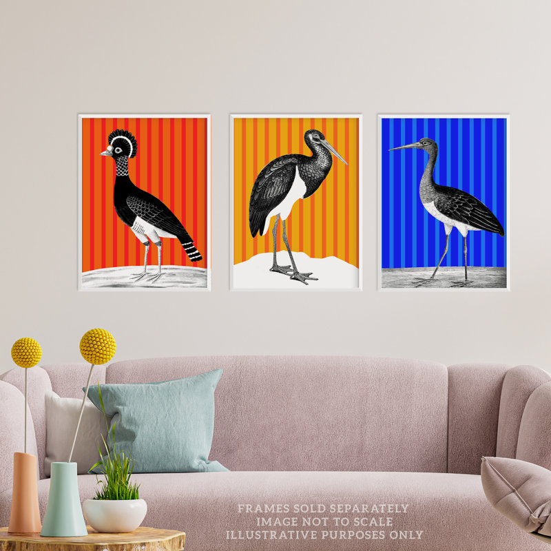 Bird On Striped Blue Yellow Orange Colourful Bright Modern - 3 Piece No Frame Print Set, 29.7cm H x 21cm W x 0.4cm D