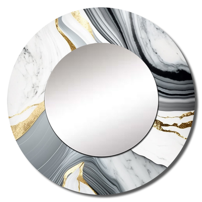 «Stajka Abstract Geode Marble Waves» gris II - miroir mural abstrait, miroir décoratif rond gris, impression d'art en métal