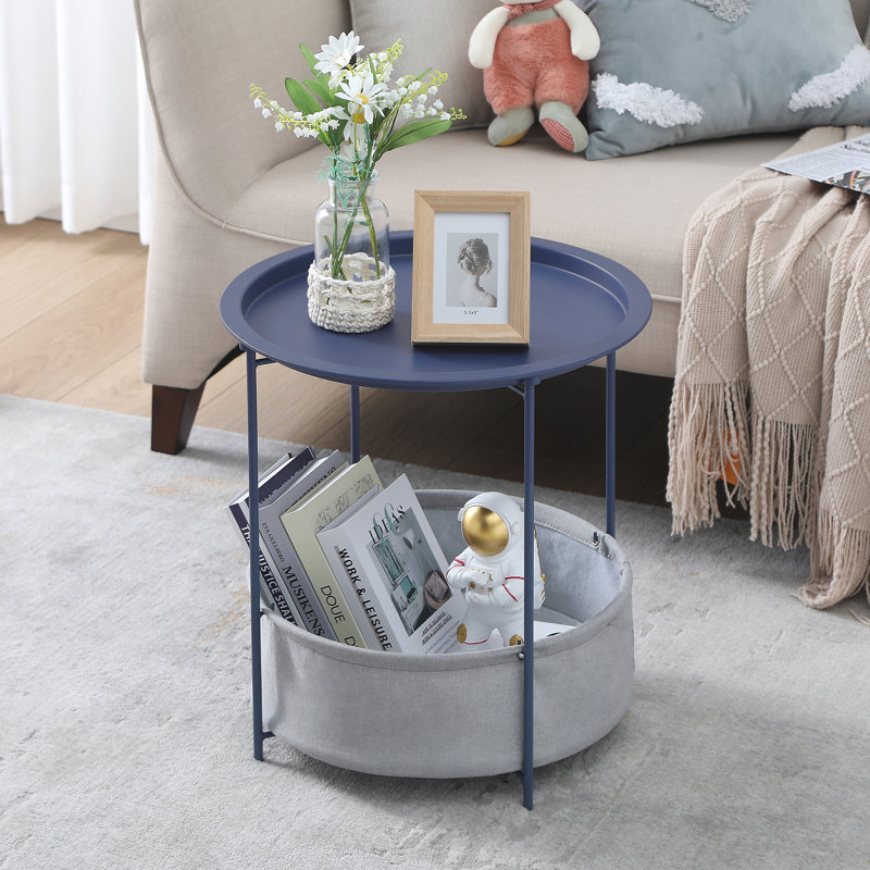 Deeley Small End Table with Storage Bag X-Shaped Cross-Leg Side Table Foldable Tray, Blue