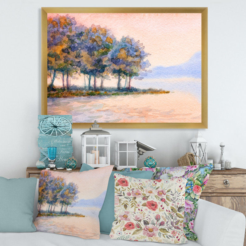 Coucher de soleil sur le lac II - peinture sur toile, Toile encadrée d'or, H 16 po x l 32 po x P 1,5 po