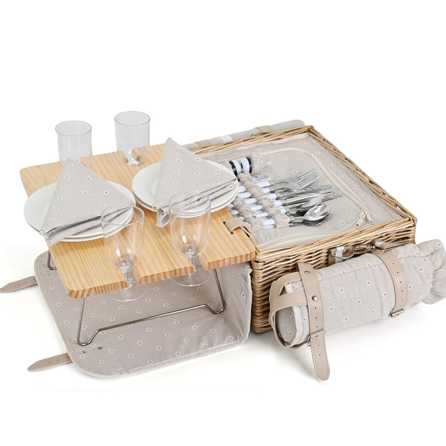 Rosalind Wheeler Mutifunctional Wicker Picnic Basket Set For 4 With Blanket And Picnic Table, Insulated Picnic Set With Full Tablewares For Camping Outdoor Couples, Flowers | Wayfair