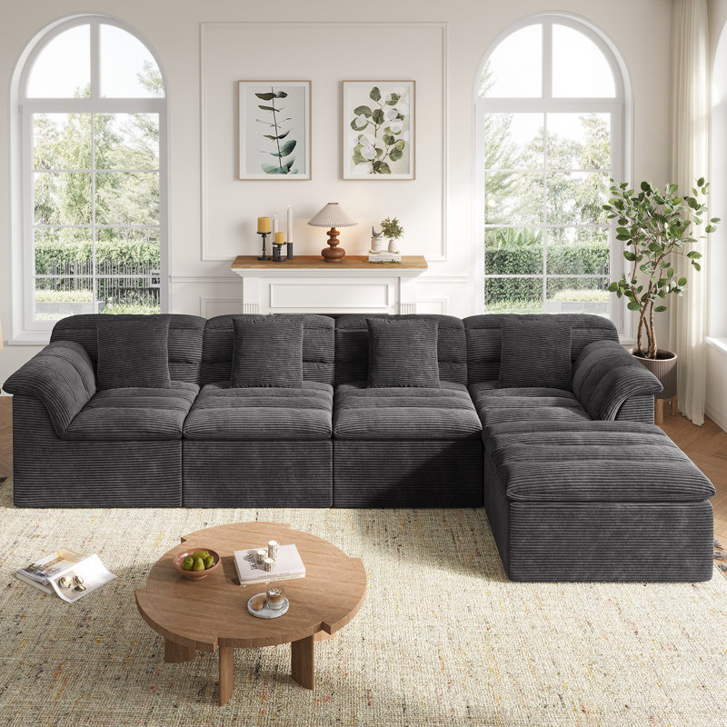 111.8" Modular Cloud Sofa with Ottoman, Boneless L-Shape Couch, Comfy Corduroy Couches for Living Room, Dark Gray, Dark Gray