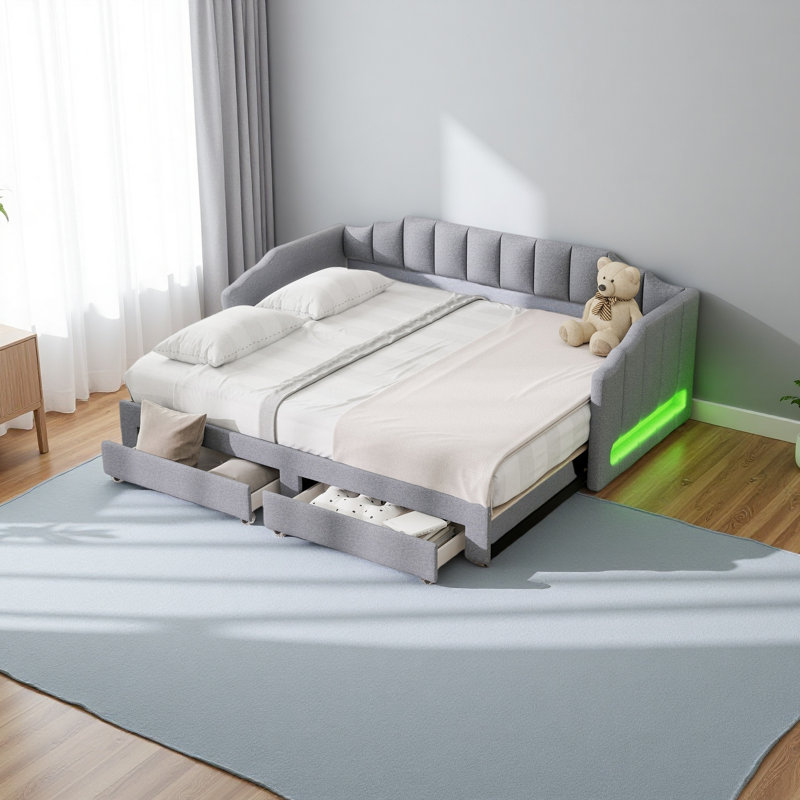 Twin XL Size Extendable Upholstered Daybed With Two Storage Drawers And LED Light, Gray