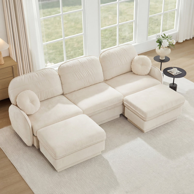 Canapé 105 po à 3 places avec 2 repose-pieds 105 po Chenille Cloud, H 37,4 po x l 105,1 po x P 57,8 po, Beige crème