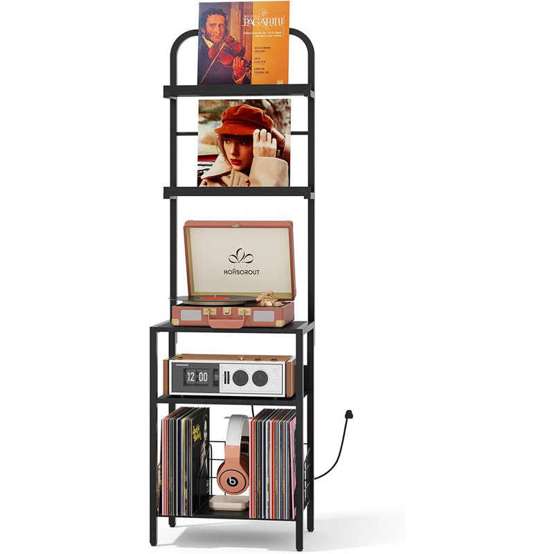 Support pour tourne-disque avec rangement en vinyle - table tournante à 5 niveaux avec prise de courant, pieds réglables, armoire en métal et en bois - étagère de rangement pour console, salon, appartement