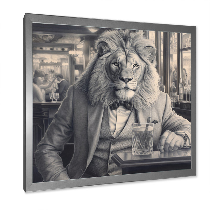 " Lion Having A Drink ", Silver Single Picture Framed, 30" H x 30" W x 1" D