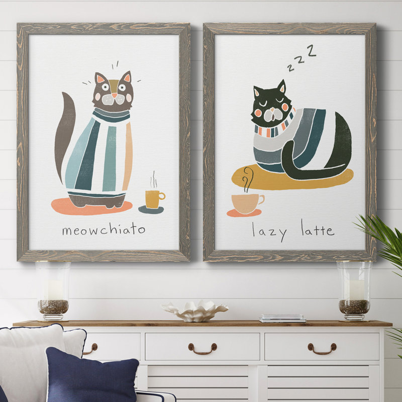 Coffee Cats I - ensemble de 2 reproductions d'art textuel sur toile, H 31,5 po x l 47 po x P 1,5 po, Toile avec cadre gris