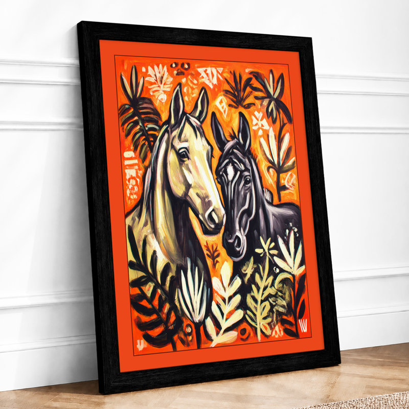 Two Horses Among Leaves Boho 1 Piece Single Picture Frame Wall Art, A1 - 84.1 x 59.4 cm, Black
