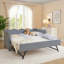 Lit de jour simple adorable en forme de vague en tissu de lin Vichy douillet ， avec port USB gigogne ， Aucun sommier nécessaire-921835039