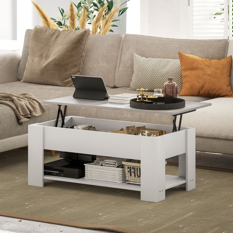 Table basse à plateau relevable avec compartiment de rangement caché et tablette blanche