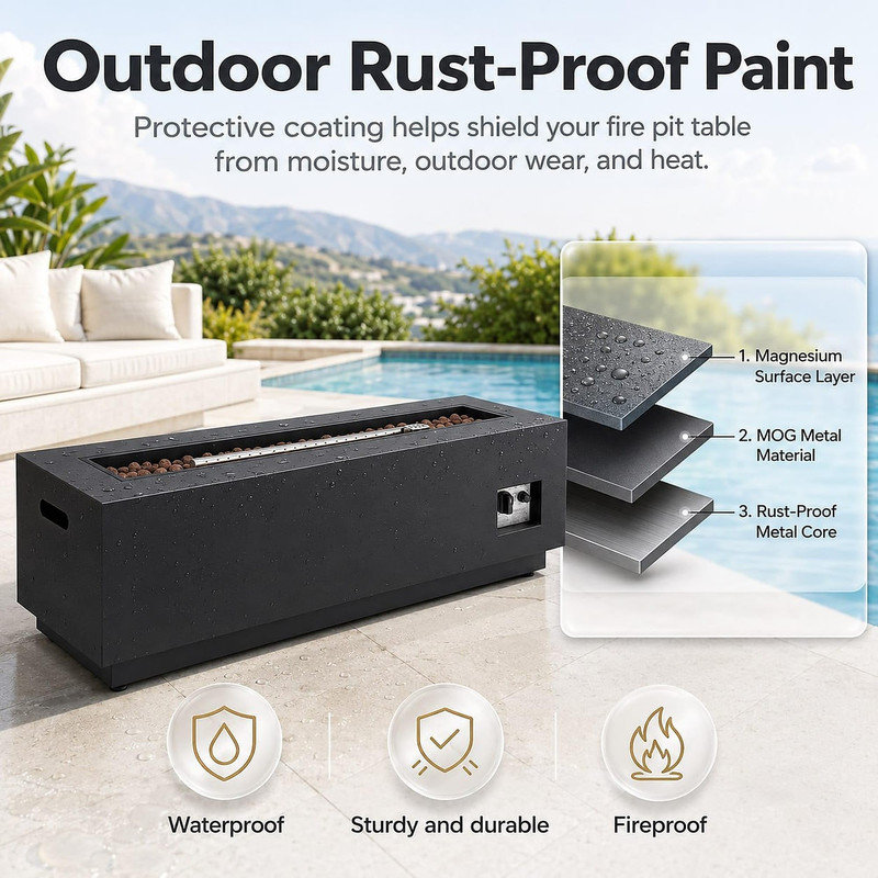 48'' Rectangular Propane Fire Pit Table – 50,000 BTU, Hidden Tank Storage, Lava Rocks & Removable Lid, Grey