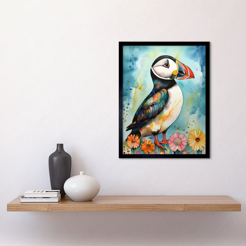 Puffin Bird With Flowers Folk Art Art Print Framed Poster Wall Decor 12x16 inch