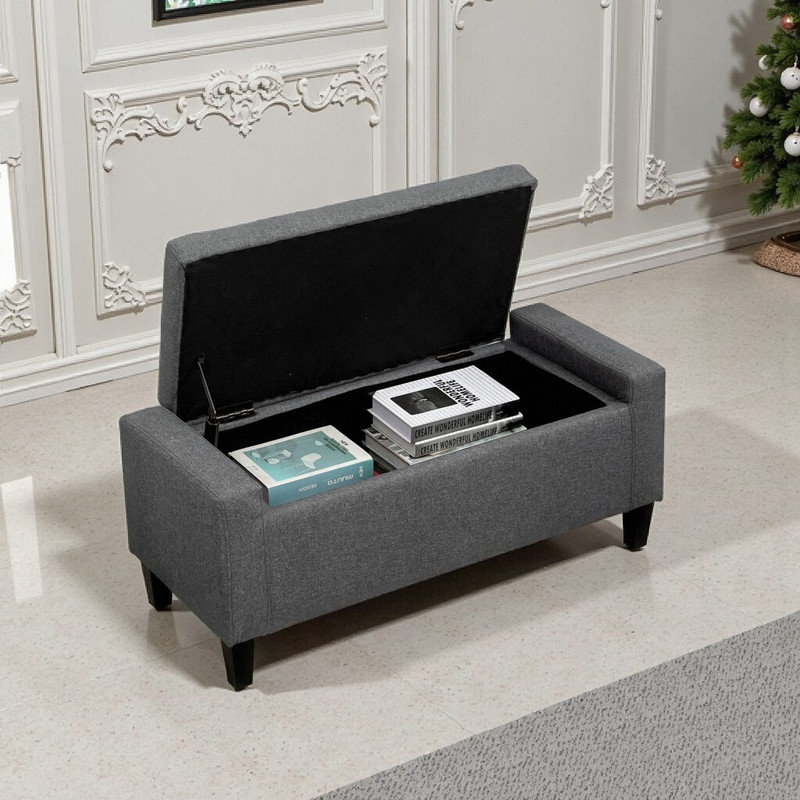 Banc de rangement rembourré en lin de 36,25 pouces avec dessus relevable, capitonnage à boutons et pieds en bois d'hévéa