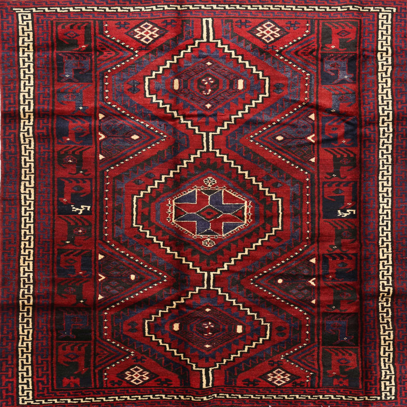 Tapis traditionnel mehroon/noir/bleu, Carré 5 pi