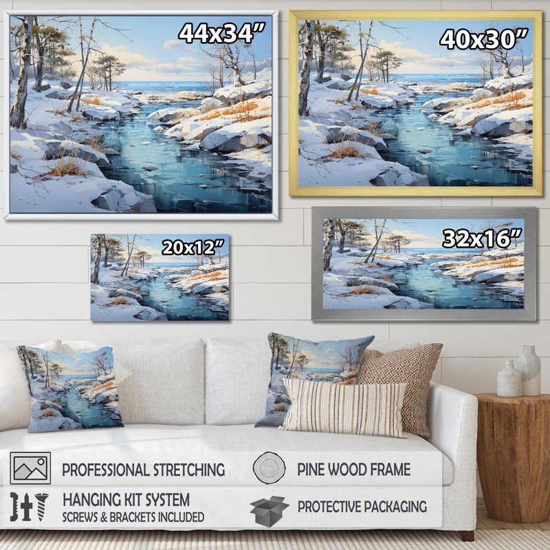 " Sweden Ice Blue Archipelago II ", 24" H x 32" W x 1" D, Gold Floater Framed