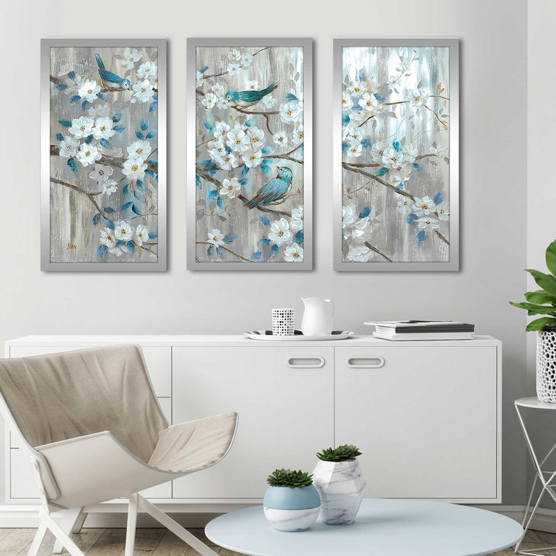 «Teal Birds», reproduction sur acrylique 3 pièces, H 25,5 po x l 40,5 po x P 1 po