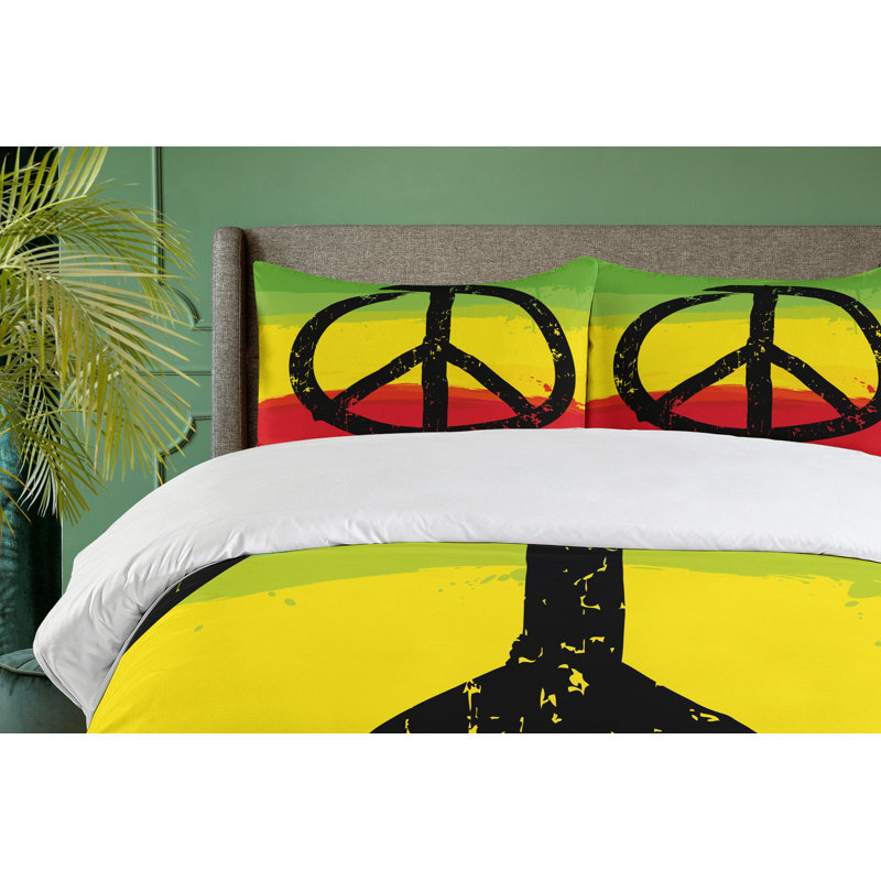 Twin Yellow Black Peace Sign Duvet Cover Set