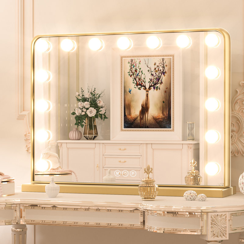 Jahziyah LED Lighted Hollywood Makeup Mirror Vanity Mirror with Dimmable & Memory Function, Gold, 18" x 23"