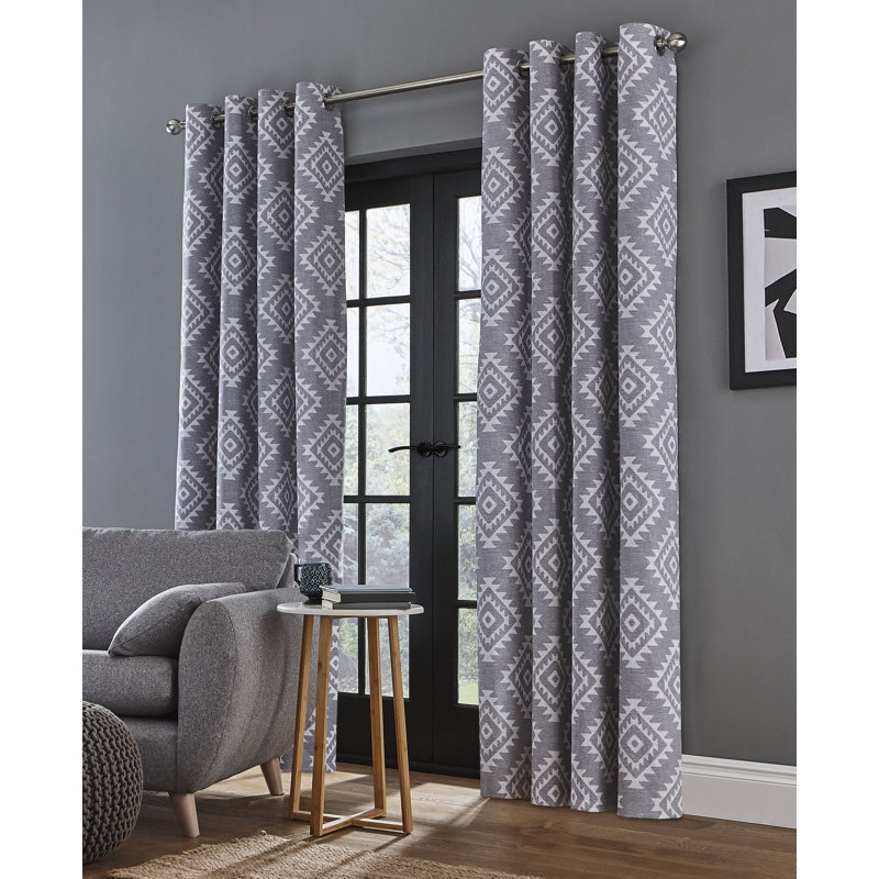 Aztec Eyelet Room Darkening Curtains, 168 W x 137 D cm, Silver
