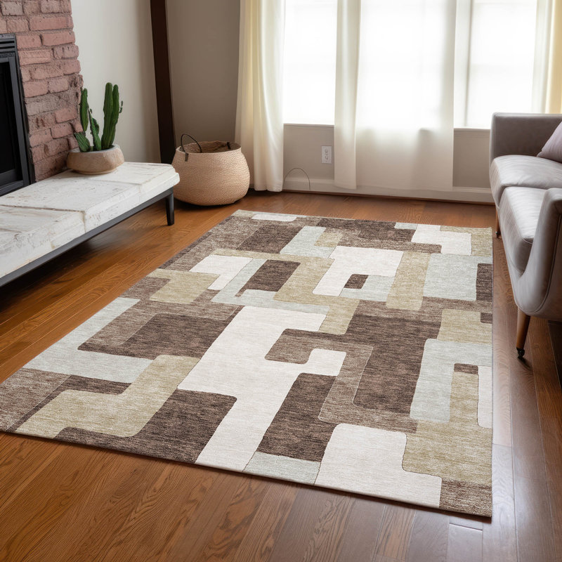 Brown Geometric Rectangular Synthetic Indoor/Outdoor Rug