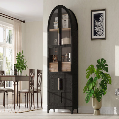 71" Tall Arched Kitchen Pantry Cabinet With Door Shelves, Farmhouse Kitchen Storage Cabinet With Open & Adjustable Shelves, Hidden Drawer & Glass Door, Cupboard For Kitchen, Dining Room, Black