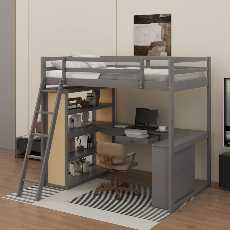 Lit mezzanine double avec tablettes et bureau