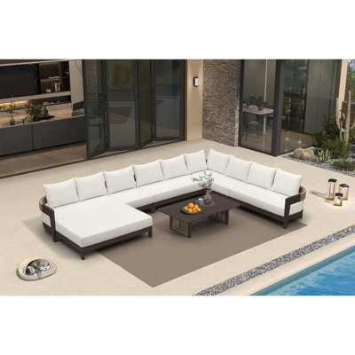  Patio Furniture Set with Right-Arm Double Daybed and Table 10 Pieces Modern Aluminum Sectional Sofa 7.87" Thick Removable Cushions & Pillows Outdoor Conversation Sets for Porch Yard Garden