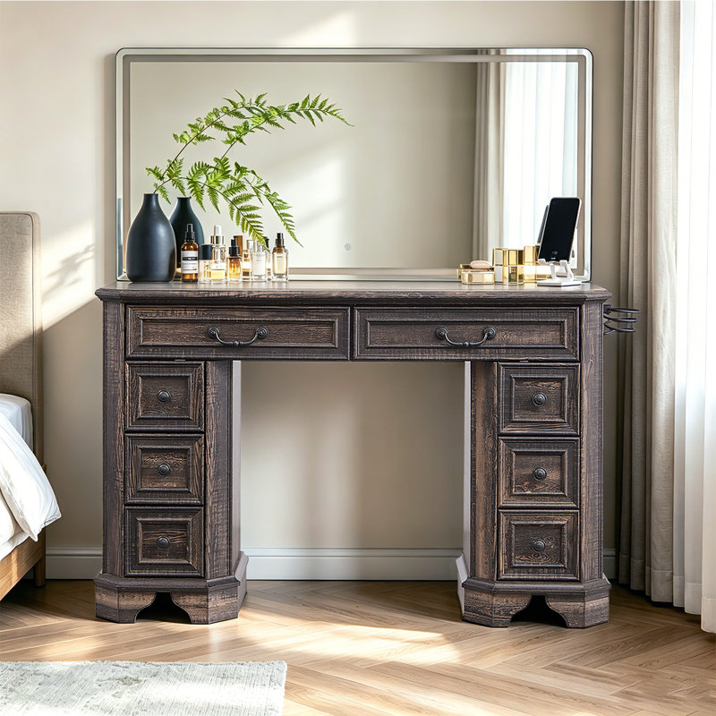 48" Farmhouse Makeup Vanity Desk With Hd Mirror And Lights, Vanity Table With 8 Drawers，with Glass Top And Power For Bedroom