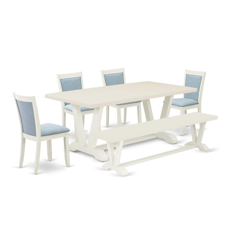 Ensemble de table de salle à manger 9 pièces comprenant une table et 8 chaises de salle à manger en lin bleu ciel avec dossier haut - Lin brossé blanc