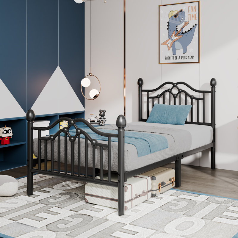 Twin Black Metal Frame Bed with Decorative Headboard and Slats