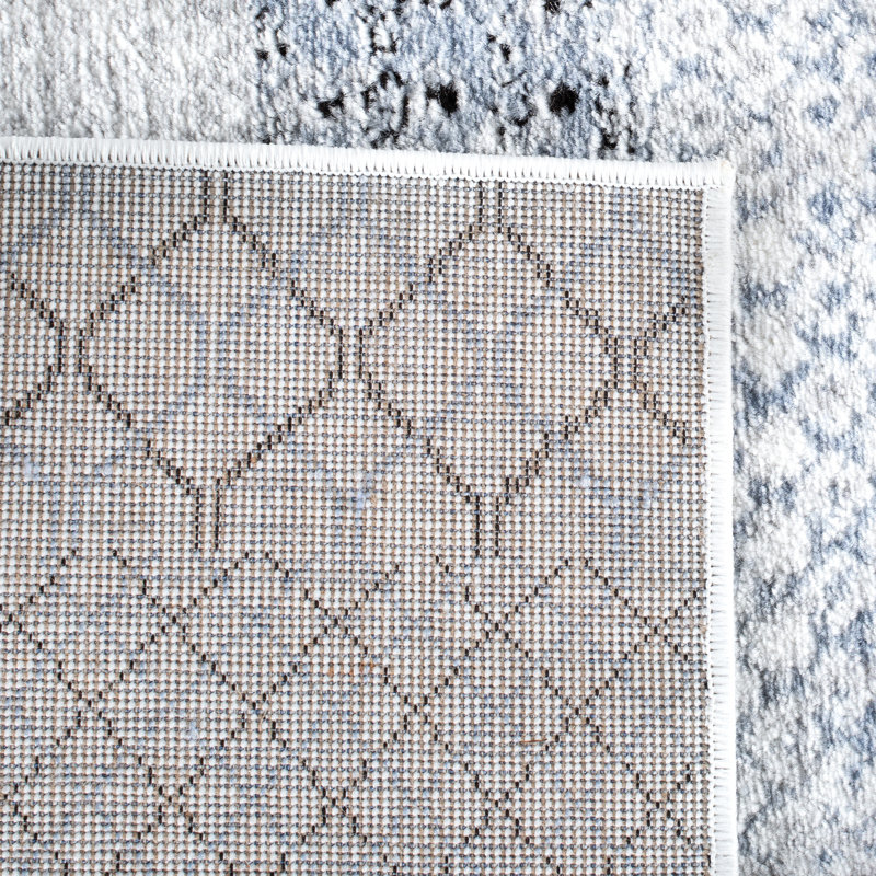 Grey and Light Blue Hand-Knotted Rectangular Synthetic Rug