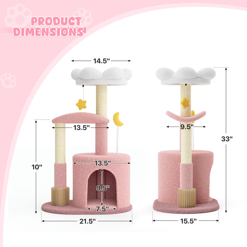 33"H Cat Tree with Platform Bed, Top Perch, Cat Cave, Scratching Post for Kittens, Pink