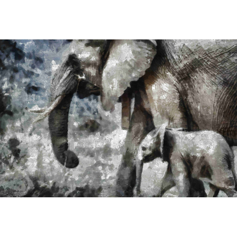«Painted Gray Elephant and Baby», impression sur toile tendue, H 8 po x l 12 po