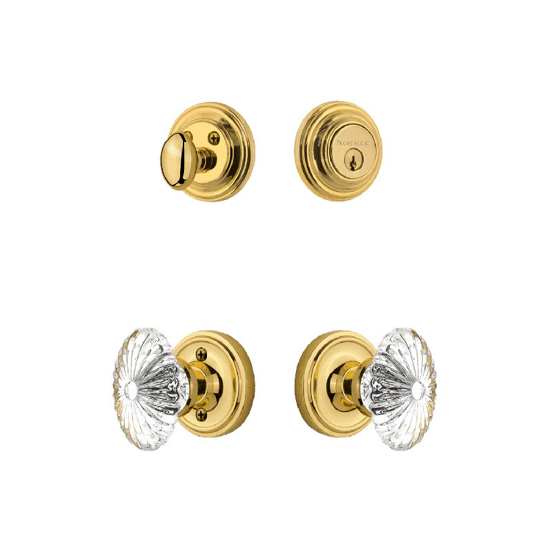 Nostalgic Warehouse Classic Rosette Entry Set With Oval Fluted Crystal In -2 3/8" Backset-Universal Handing, Polished Brass
