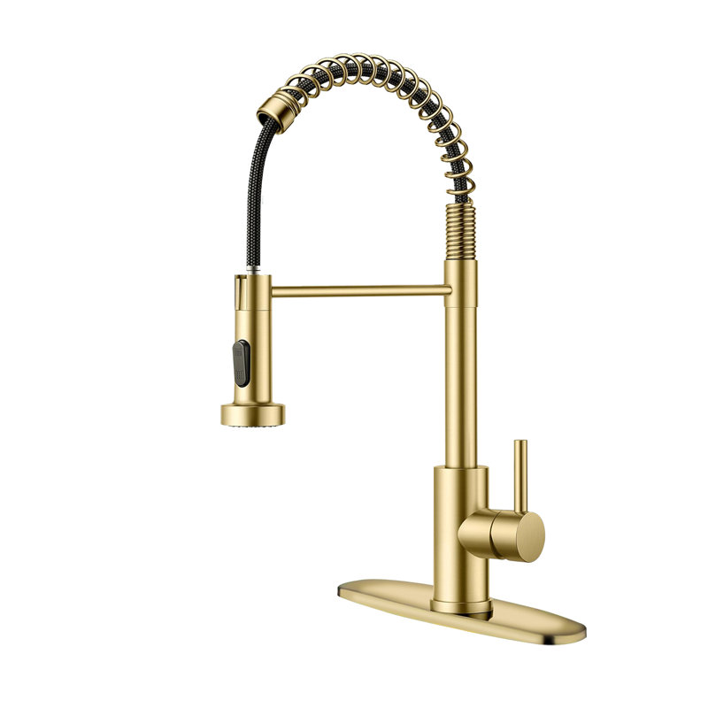 Kitchen Faucet With Pull Down Sprayer Industrial 1 Handle 1 Hole Or 3 Hole Faucet For Farmhouse Camper Laundry Utility Rv Wet Bar Sinks, Stainless Steel, Brushed Gold