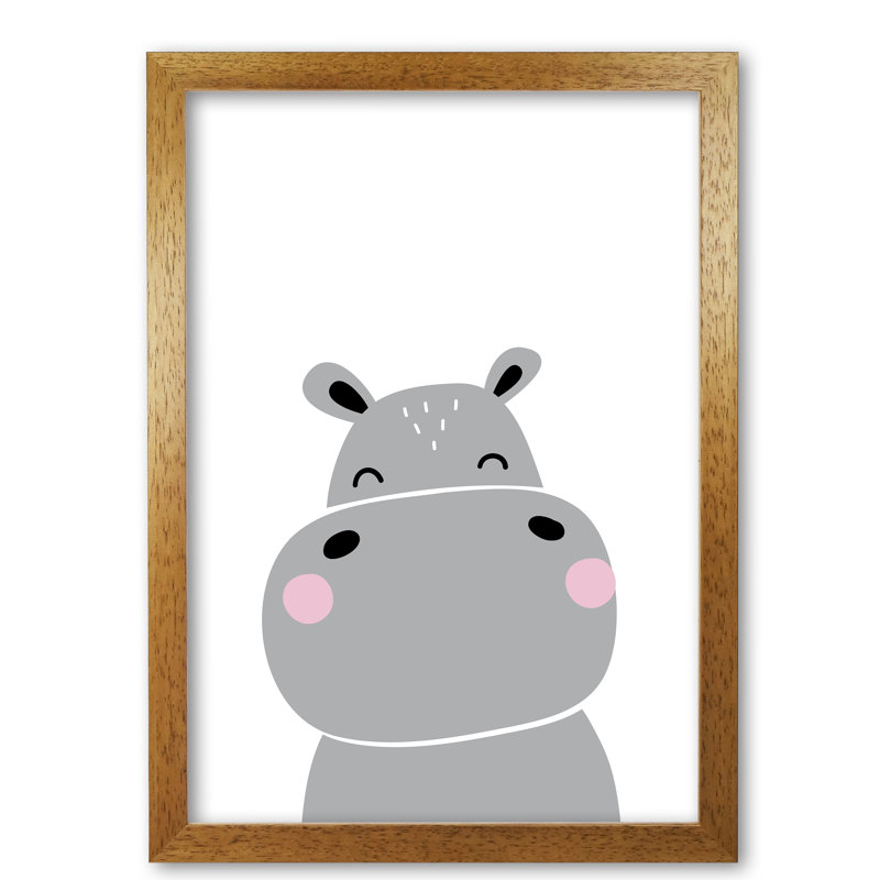 Scandi Hippo - Print, Honey Oak Frame, 30 cm H x 21 cm W x 5 cm D