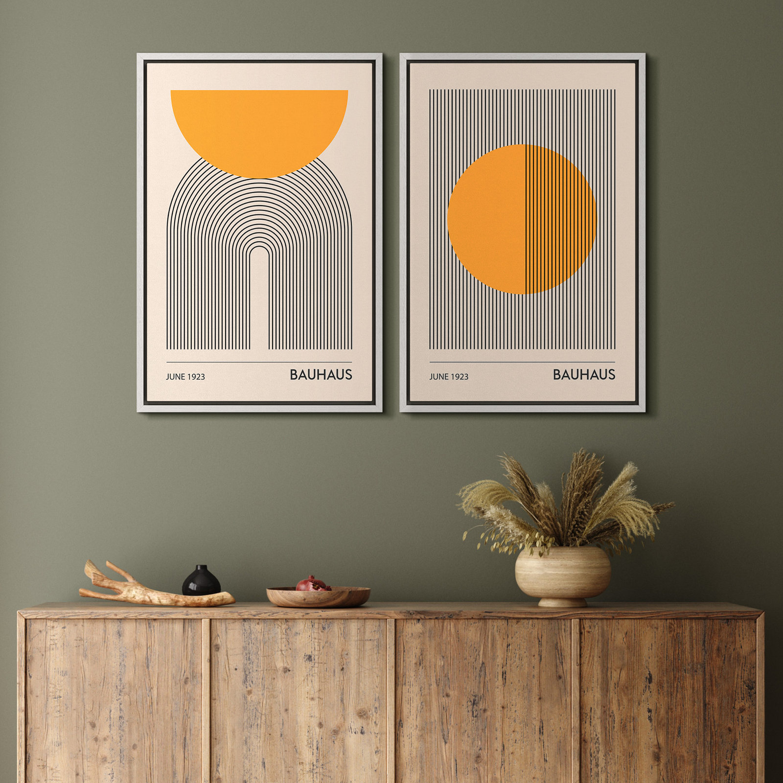 Mid Century Modern Boho "Bauhaus Sun" 2-Piece Set, 36" H x 48" W, White Floater Framed